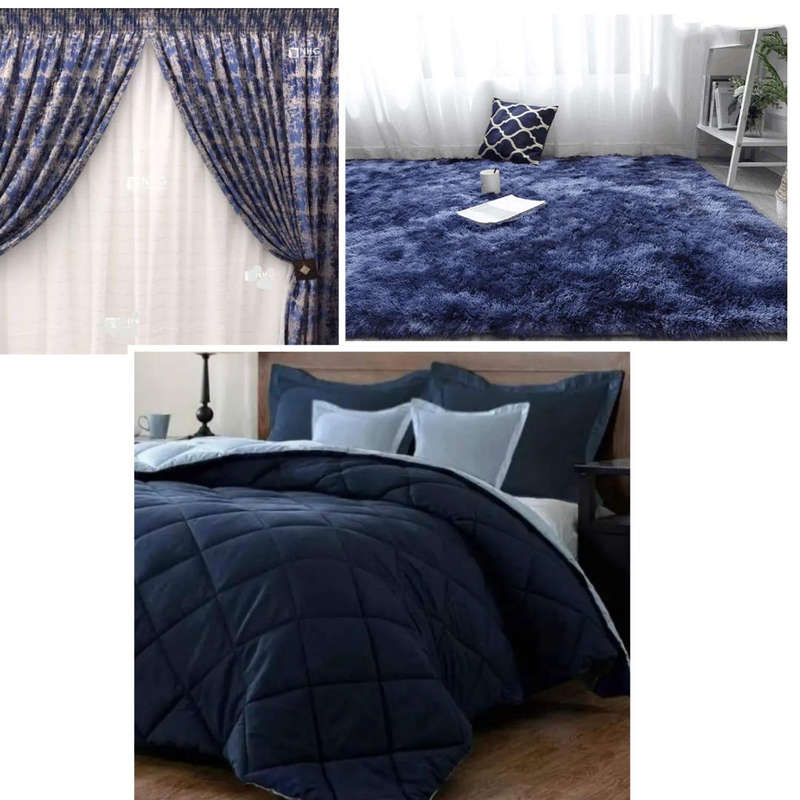 9pc Bedroom Combo Set - 5pc Queen to King  Reversable Conforter -Fluffy Rug - Curtain Set -Blue