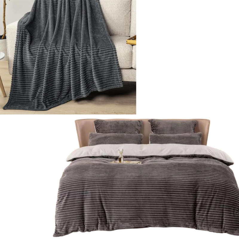 6pc Combo - 5pc Sherpa Plush Comforter Set Queen -  1 Sherpa Plush Blanket -Grey