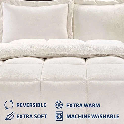 5pc Sherpa Velvet Fleece Comforter Set white Super Queen to King