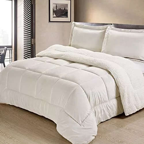 5pc Sherpa Velvet Fleece Comforter Set white Super Queen to King