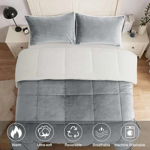 5pc Sherpa Velvet Fleece Comforter Set Grey Queen