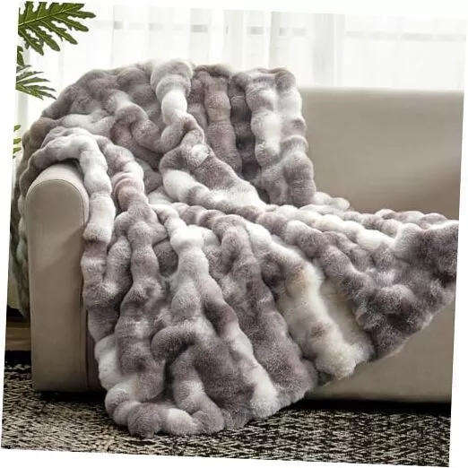 Super King Faux Rabbit Fur Ultra-Soft Tie-Dye Throw Blanket Grey