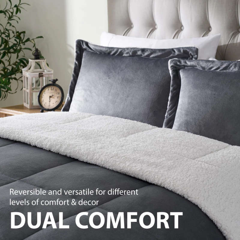 5pc Sherpa Velvet Fleece Comforter Set Grey Queen