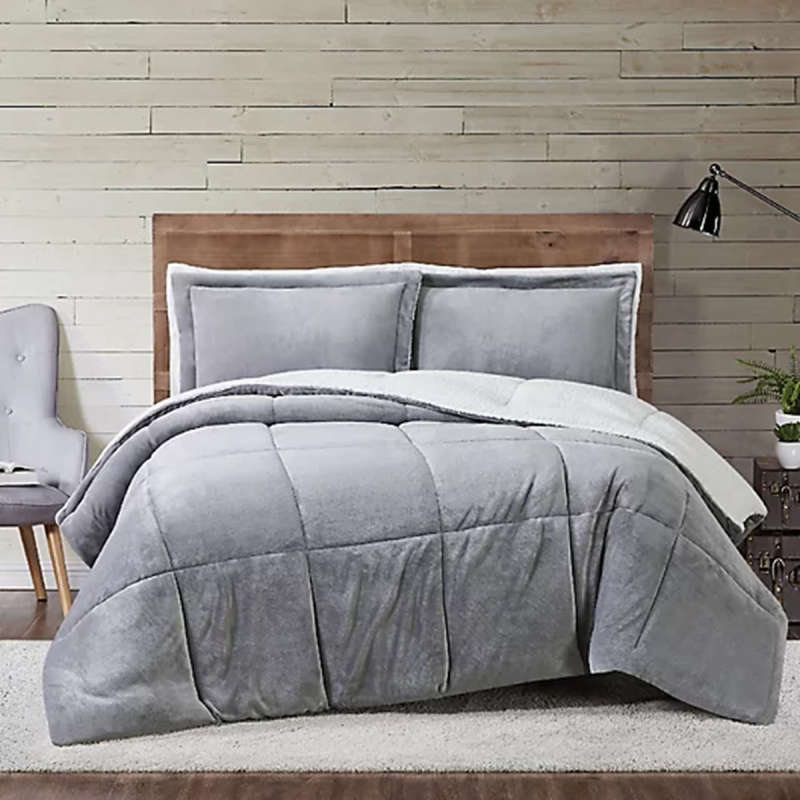 5pc Sherpa Velvet Fleece Comforter Set Grey Queen