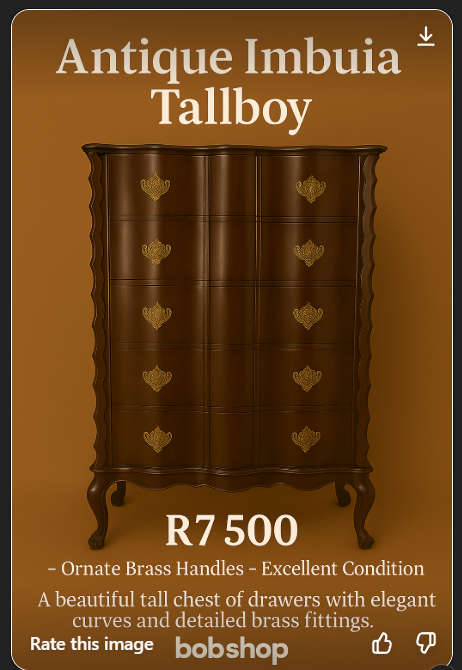 Imbuia tallboy chest of drawers.