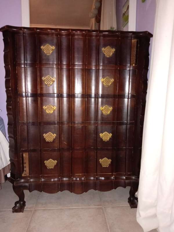 Imbuia tallboy chest of drawers.