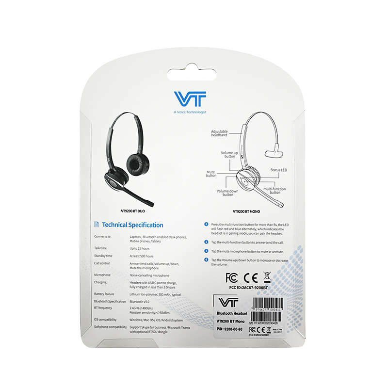 VT9200 Bluetooth Office / Call Centre Headset - Duo - Bluetooth Dongle Not Included