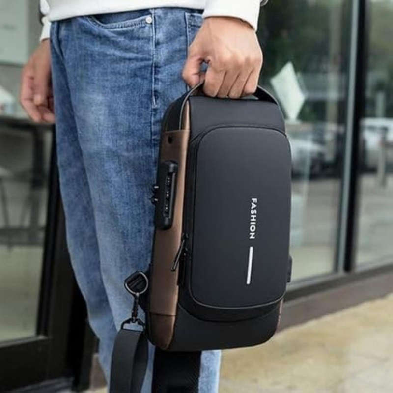Anti-Theft Lock Sling Chest Bag Shoulder Crossbody With USB Port (Black/Brown