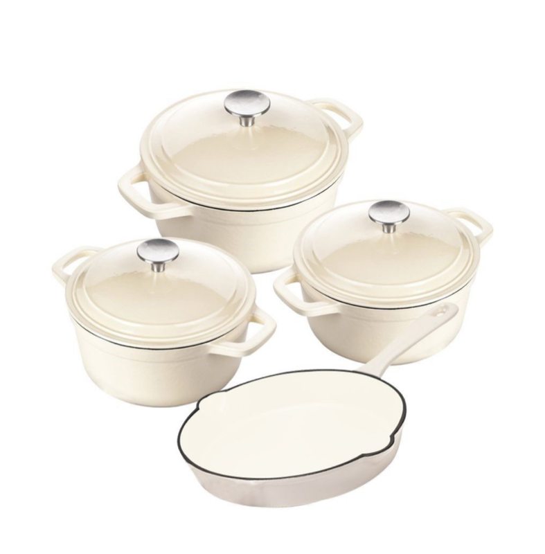 Delica 7 Piece Authentic Cast Iron Dutch Oven Cookware Pot Set - White