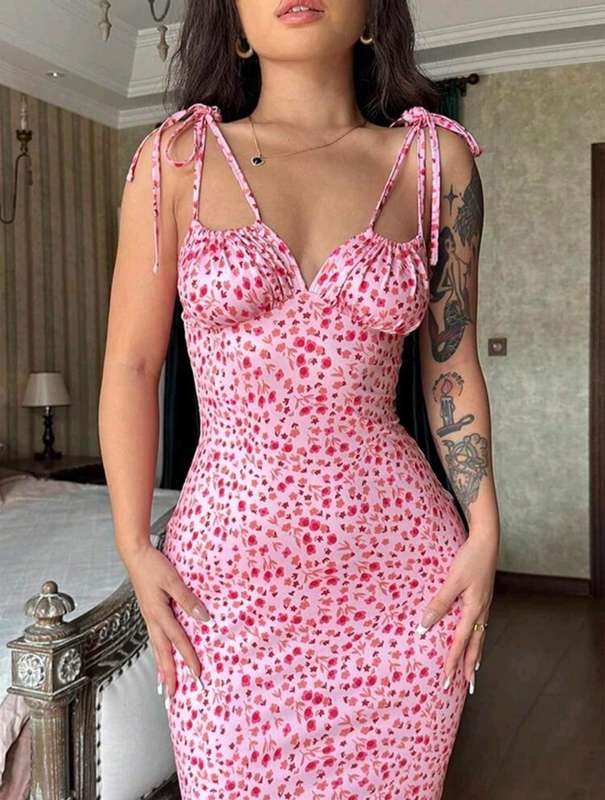 Women's Ditsy Floral Tie-Front Bodycon Dress
