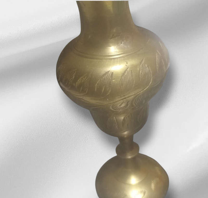 Original Vintage Indian Handmade Set of 2, 12cm tall Etched Brass Ruffled Vase