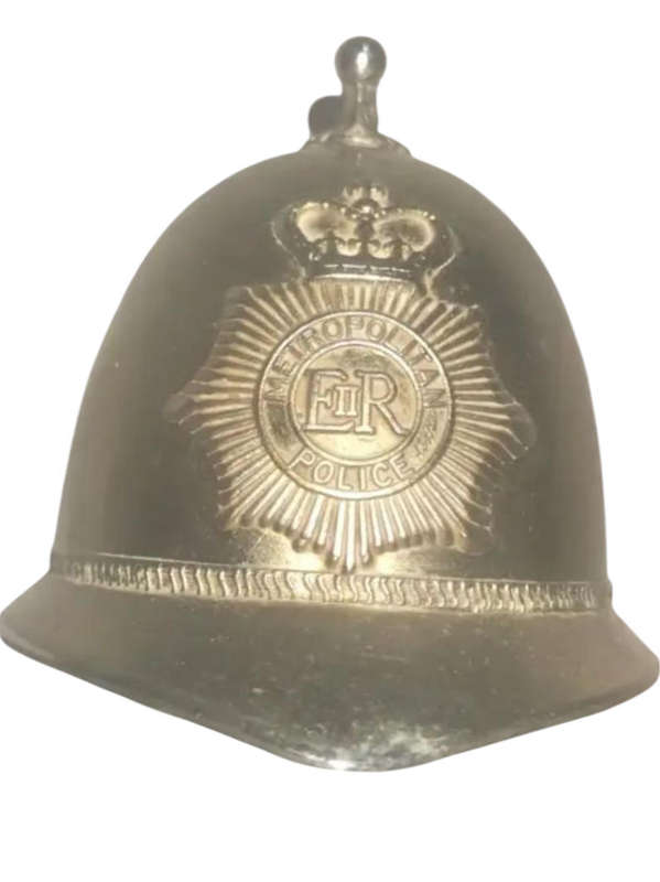 Vintage brass British policeman's helmet dinner bell. ER Metropolitan