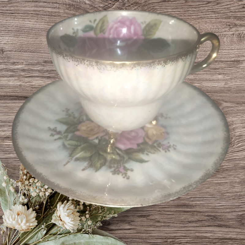 Mid 20th Century Delicate Pale Yellow Floral Footed Teacup With Saucer