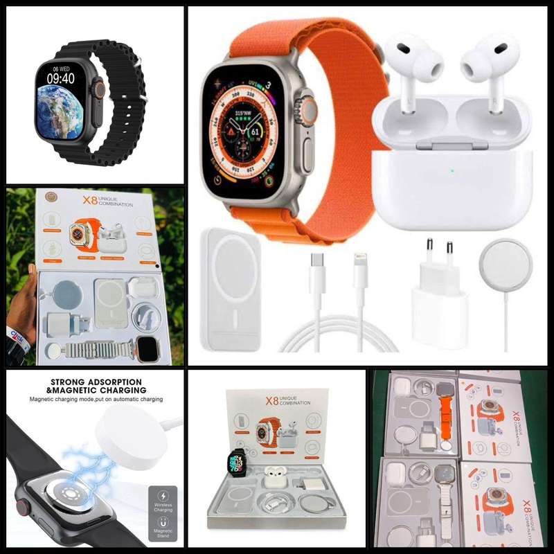 8Pc Smart Watch Combo, including Bluetooth Earphones, Magnetic Wireless Charger, Powerbank