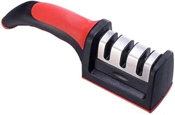 3 Stage Manual Kitchen Knife Sharpener - Non Slip Handle - Red & Black