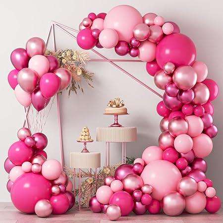 124pcs Pink Balloons Garlands Arch Kit, Hot Pink Pastel Pink Metallic Magenta Latex Balloons