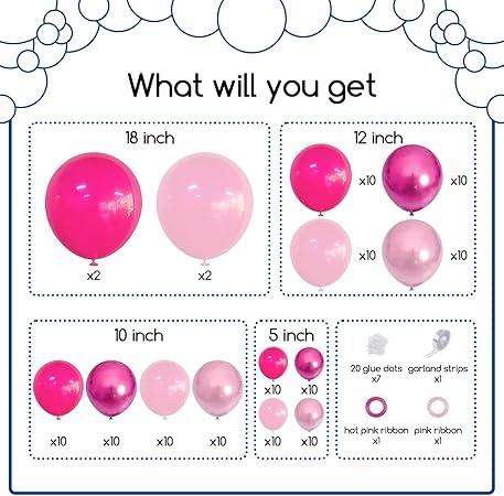 124pcs Pink Balloons Garlands Arch Kit, Hot Pink Pastel Pink Metallic Magenta Latex Balloons