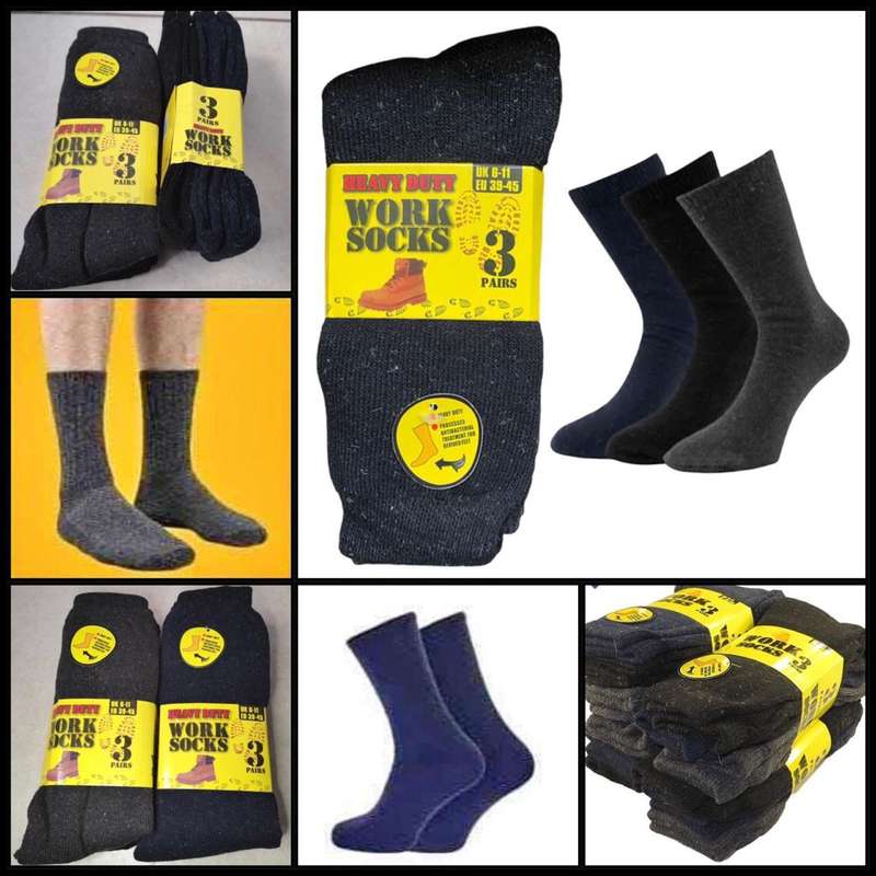 3 Pairs Heavy Duty Work Socks (UK 6-11), Black, Grey, Navy