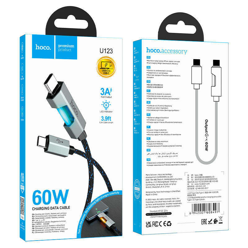 hoco U123  (USB-C to USB-C) Smart LED Fast Charging Cable (60W PD, 3A Output)