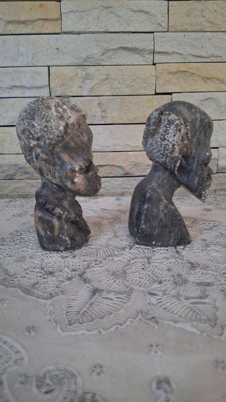 Pair Of Vintage carved Soap Stone African Man Heads Bust Sculpture