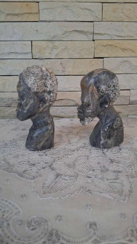 Pair Of Vintage carved Soap Stone African Man Heads Bust Sculpture