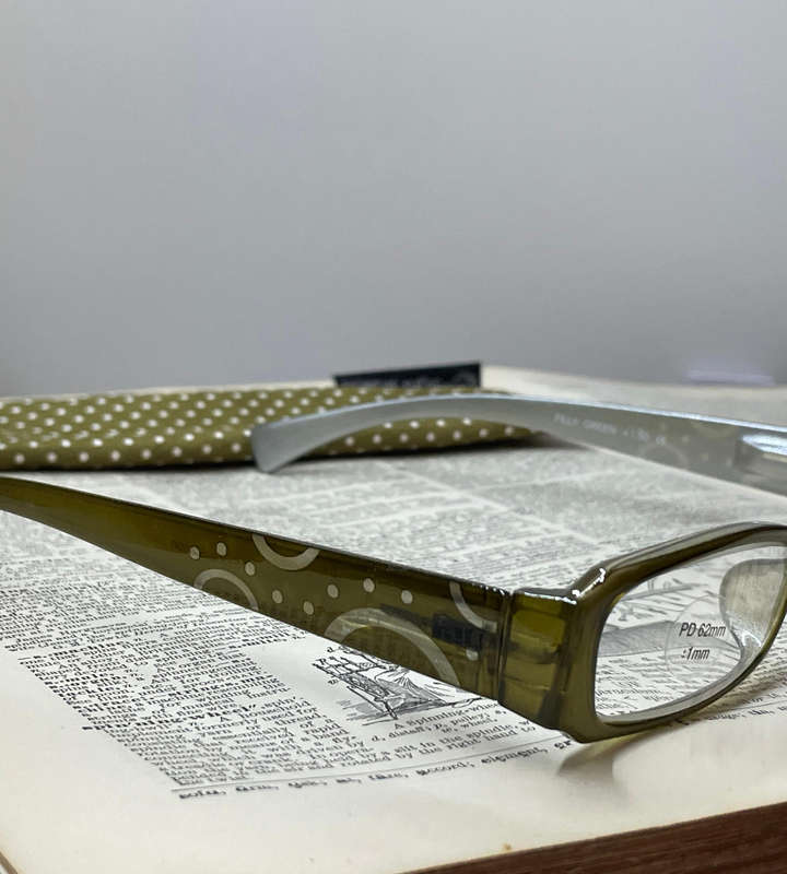 Sight Station FILLY +1.50 Reading Glasses  Green Polka Dot Fashion Readers with Fabric Pouch
