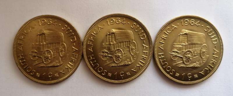 Lot of 3 x 1964 South Africa 1 Cent Coins  Jan van Riebeeck  UNC