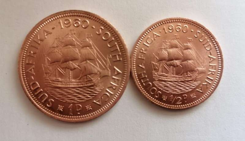 1960 South Africa 1d & ½d Bronze Coin Pair  Queen Elizabeth II  UNC