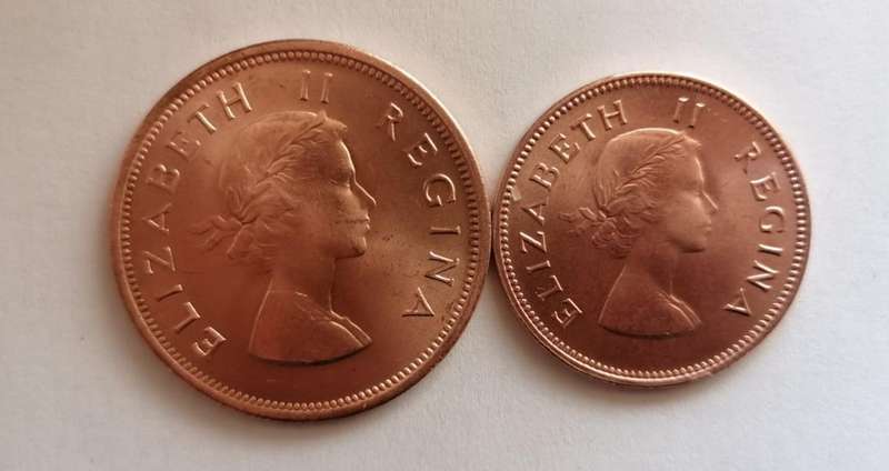1960 South Africa 1d & ½d Bronze Coin Pair  Queen Elizabeth II  UNC