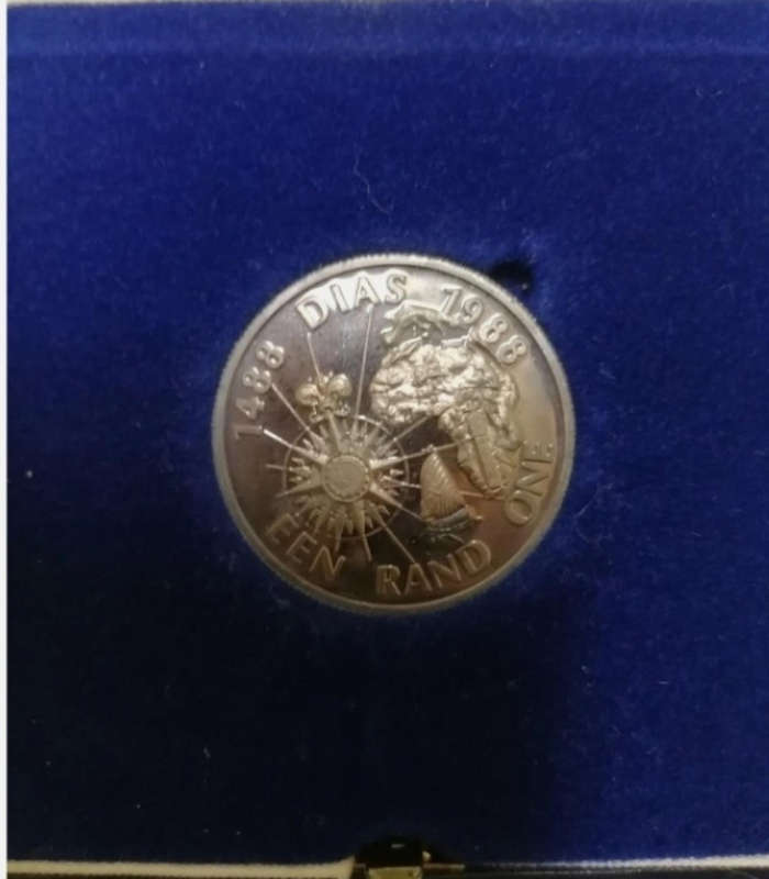 1488-1988 DIAZ 1 Rand Commemorative Silver Coin Uncirculated in SAM blue case collectors piece RARE