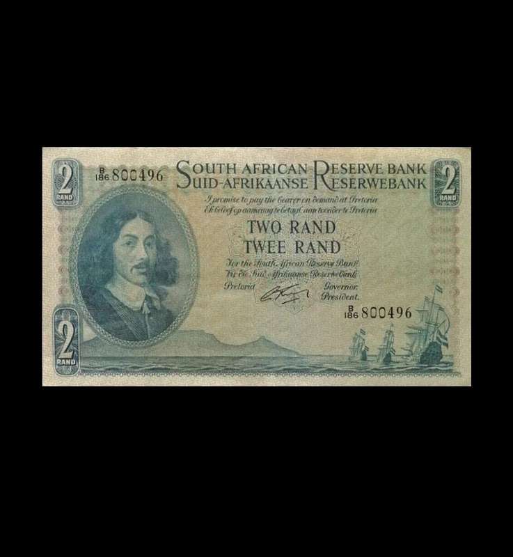 Rare Early South African 2 Rand Banknote  1960s  Extremely Fine