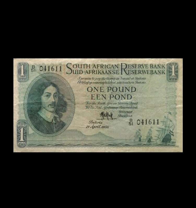 Rare 1950 South African One Pound Banknote  Jan van Riebeeck  Extremely Fine Condition