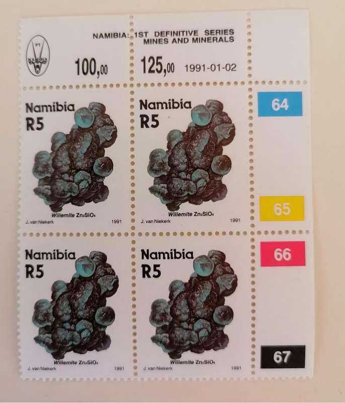 Namibia 1991 Mint Stamp Block  Willemite ZnSiO, R5 x4 | Mines & Minerals Series | Rare