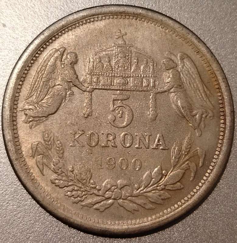 1900 HUNGARY w King Franz Joseph I Hungarian Antique Silver 5 Korona Coin i99173, VF-30 Condition,