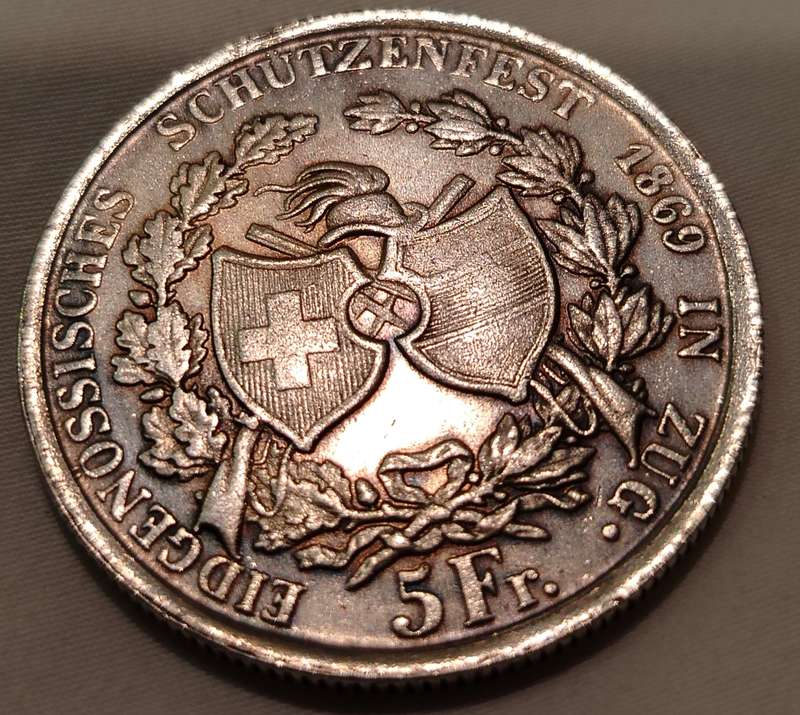 1869 5 Francs Switzerland Shooting Festival,VF, RARE, Mint Condition, Good Buy