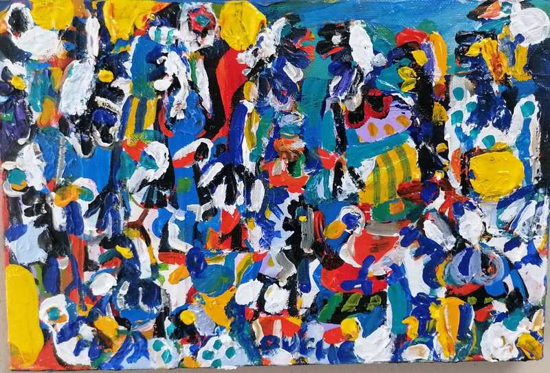 Elwin Buchel Acrylic Painting on canvas no frame -Ladies with chickens 2  300mmx200mm