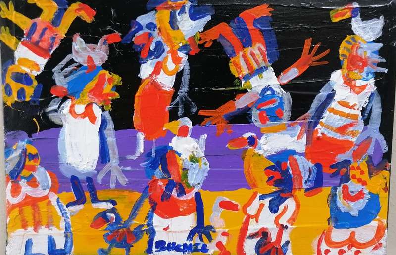 Elwin Buchel Acrylic Painting on canvas no frame -Ladies with chickens  300mmx200mm