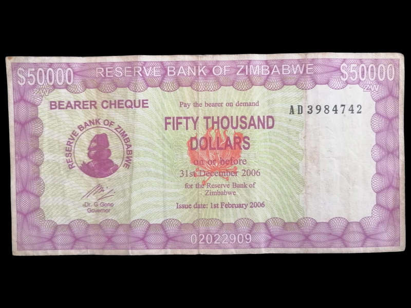 Zimbabwe $50,000 Bearer Cheque (2006)  Hyperinflation Era Currency  Reserve Bank of Zimbabwe