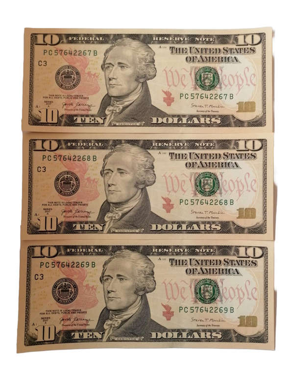 3 x Consecutive U.S. $10 Dollar Bills  PC57642267B to PC57642269B | Crisp UNC Federal Reserve Notes