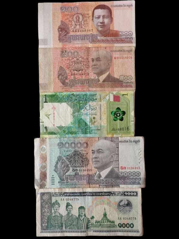 Lot of 6 Circulated Asian Banknotes  Cambodia, Laos, Qatar  Colorful & Collectible!