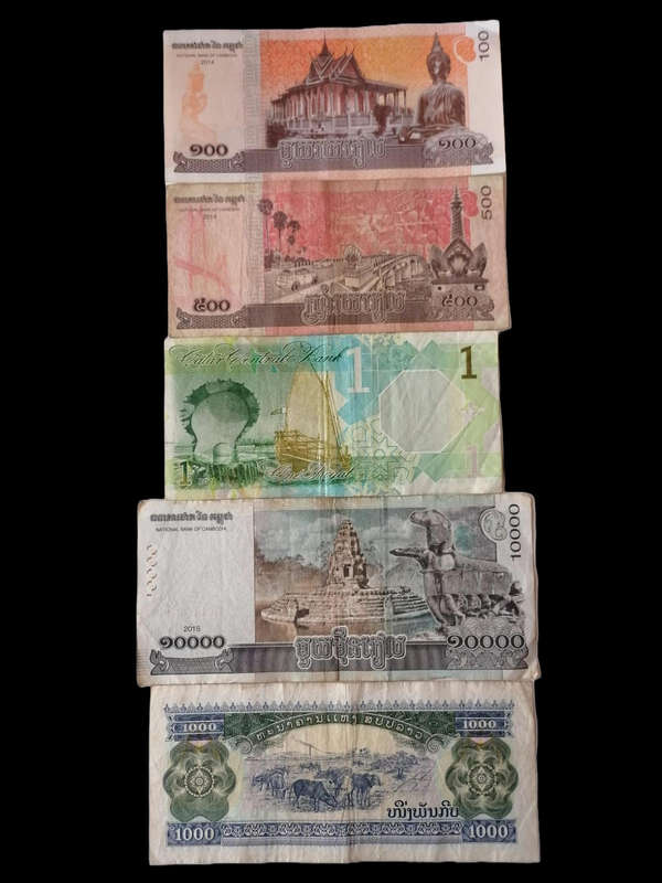 Lot of 6 Circulated Asian Banknotes  Cambodia, Laos, Qatar  Colorful & Collectible!