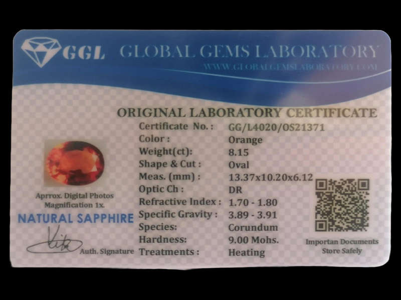 Rare 8.15ct Natural Orange Sapphire  GGL Certified  Large Collector Gem