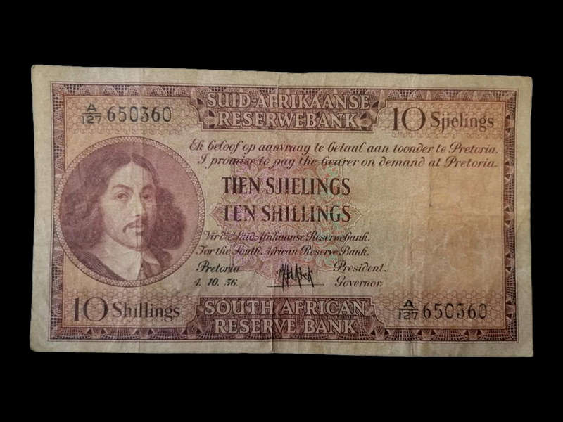 1956 South African Reserve Bank 10 Shillings Note  Rare Pre-Rand Currency