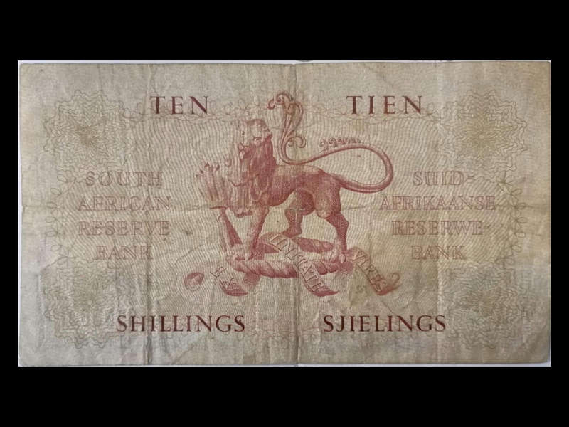1956 South African Reserve Bank 10 Shillings Note  Rare Pre-Rand Currency