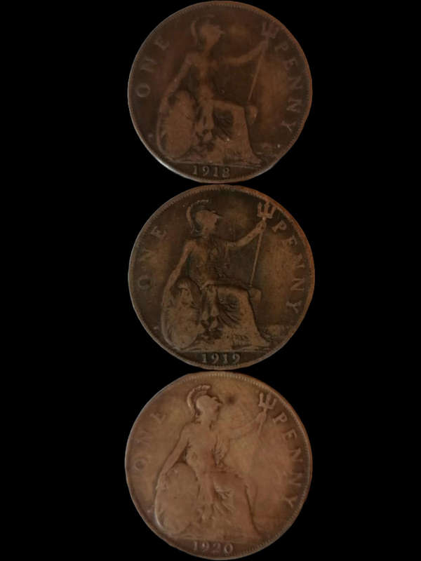 Set of 3 Vintage King George V British One Penny Coins  1918, 1919 & 1920