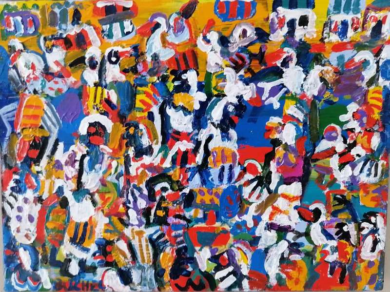 Elwin Buchel Acrylic Painting on canvas no frame -Rural Market  310mmx400mm