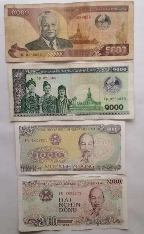 Lot of 4 Vintage Asian Banknotes  Laos & Vietnam  Collectible Currency