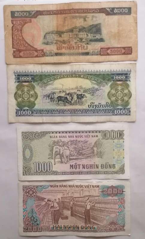 Lot of 4 Vintage Asian Banknotes  Laos & Vietnam  Collectible Currency