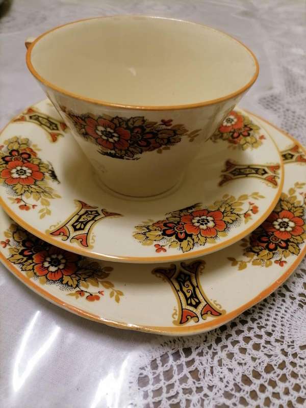 Vintage Burleigh Ware Tea Trio  Art Deco Floral  England  1930s