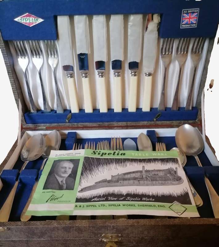 Vintage 56-Piece Sheffield Sipelia Cutlery Set  Silverware | Original Case & Leaflet
